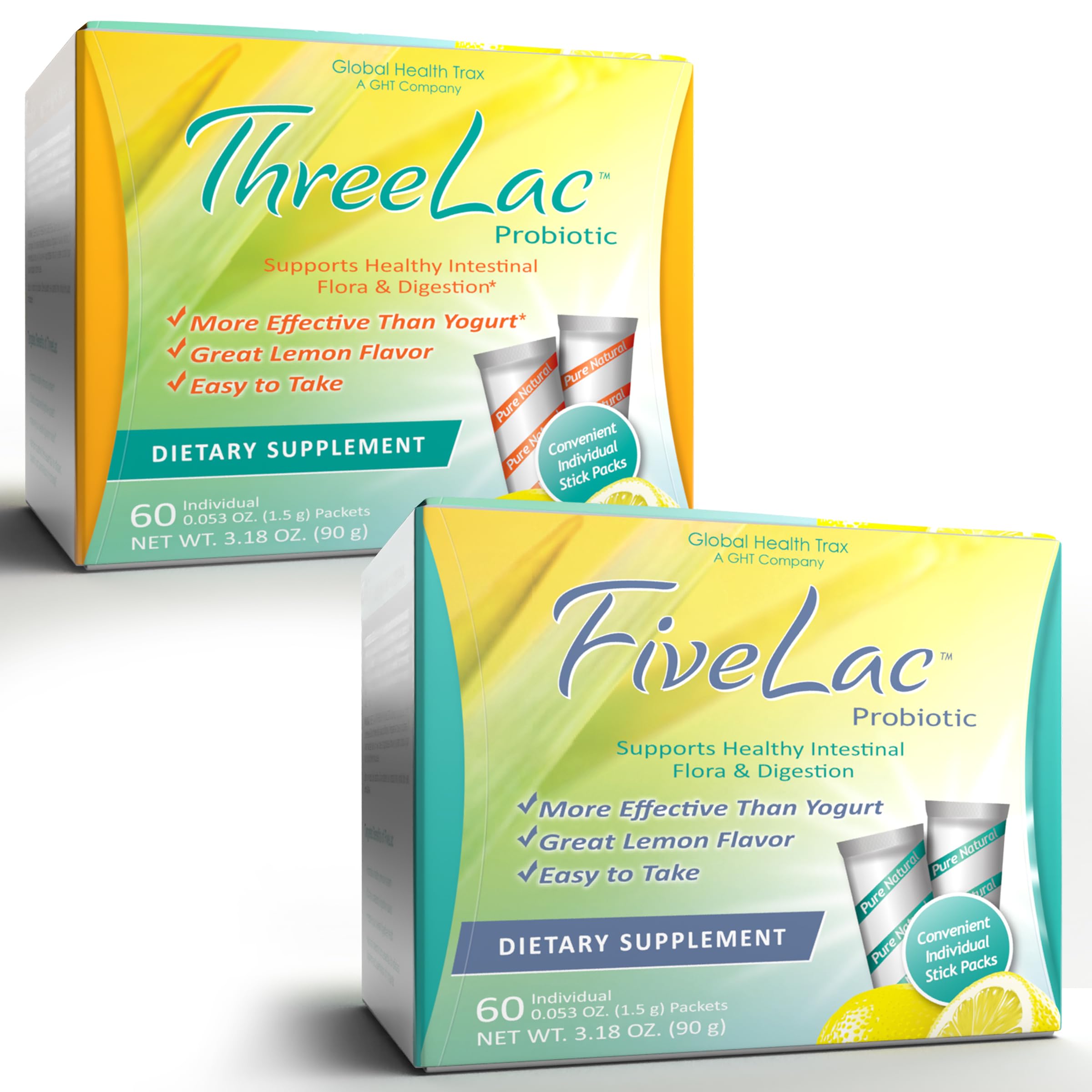 Global Health Trax GHT - FiveLac + Threelac Lemon Probiotic Powder Drink Mix, Probiotics for Women, Men, Kids, Smooth Digestive Support & Elimination, Relieves Constipation & Gas - 60 Packets, Non-GMO ght Global Health Trax Au supplements