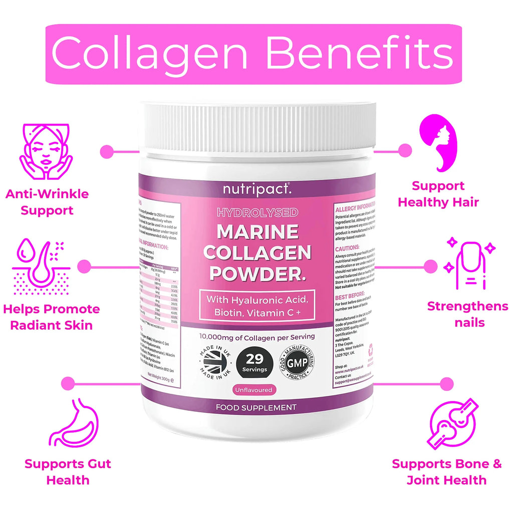 Hydrolysed Marine Collagen Peptides Powder with Hyaluronic Acid, Biotin, Vitamin C & B Vitamins – 10,000mg Collagen nutripact Au supplements