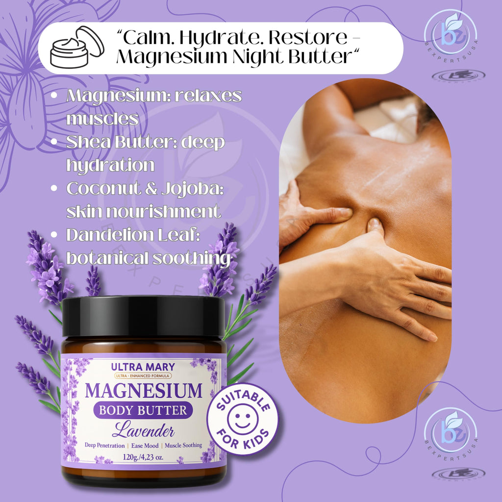 Nighttime Magnesium Cream for Pain, Nerve & Leg Cramps - Magnesium Body Butter for Sleep with Shea Butter, Jojoba Oil, Coconut Extract & Dandelion - Lavender Magnesium Lotion for Kids - 4.23oz ULTRA MARY Au supplements