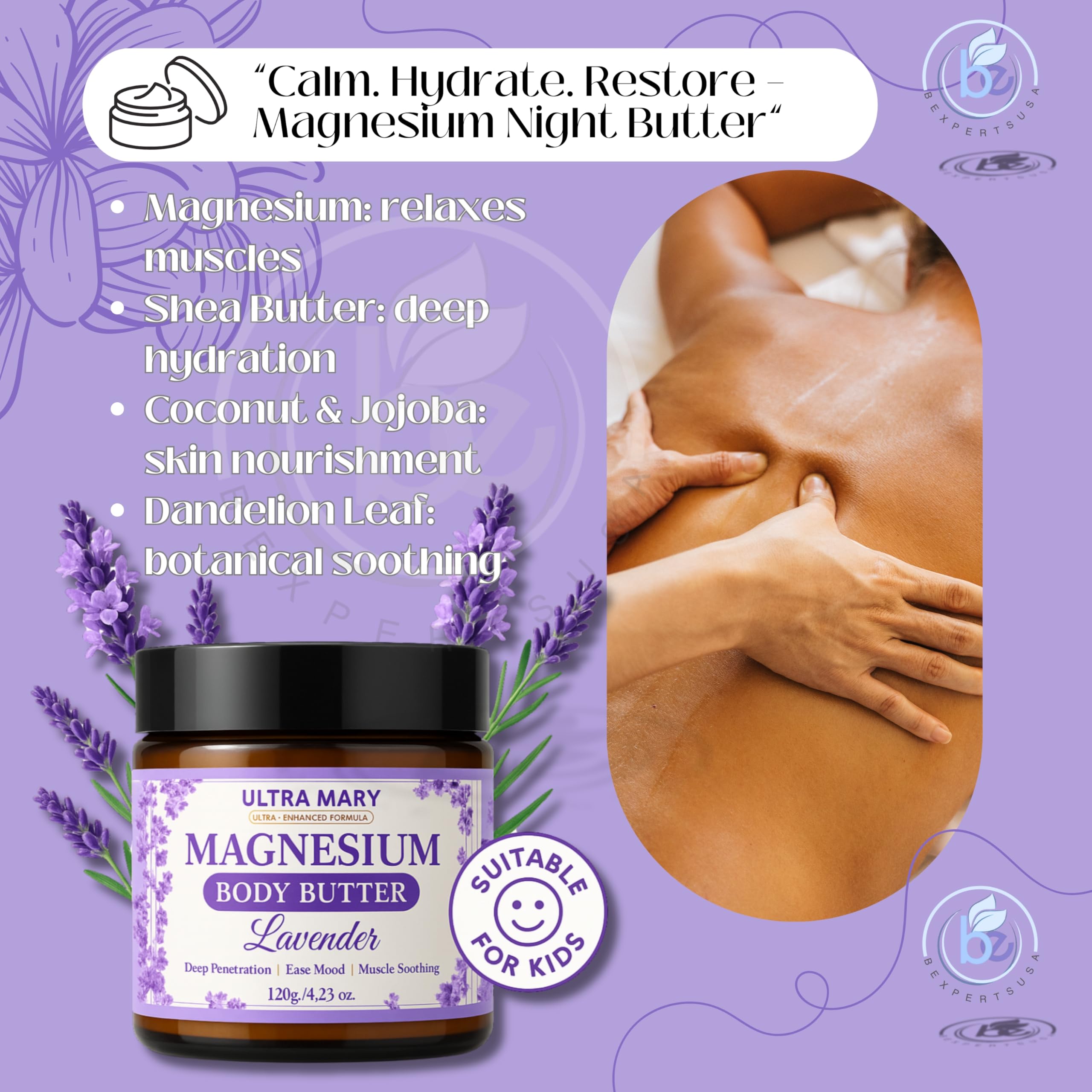 Nighttime Magnesium Cream for Pain, Nerve & Leg Cramps - Magnesium Body Butter for Sleep with Shea Butter, Jojoba Oil, Coconut Extract & Dandelion - Lavender Magnesium Lotion for Kids - 4.23oz ULTRA MARY Au supplements