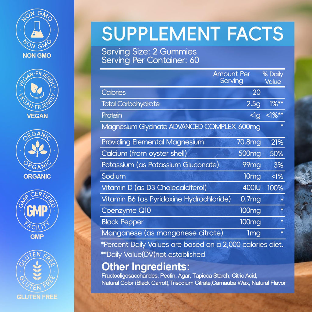 Magnesium Glycinate Gummies 600mg, Chewable Sugar Free Potassium Magnesium Gummies with Manganese Glycinate, Vitamin D, B6, and CoQ10 for Calm Suppor
