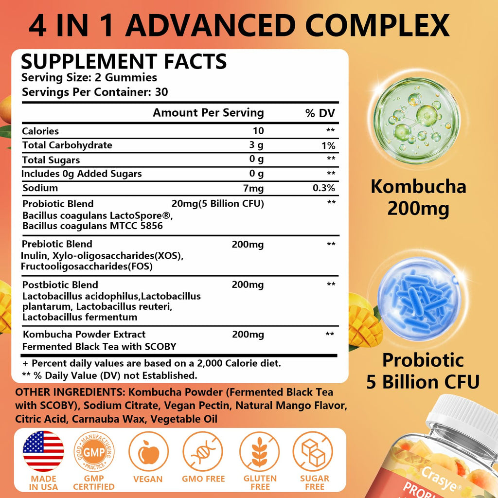 Crasye Probiotic Kombucha Gummies Sugar Free Prebiotic Postbiotic Probiotics Gummy for Women and Men Bloating Gut Health Immune and Digestive Support - 60 Gummies - 30 Servings Crasye Au supplements