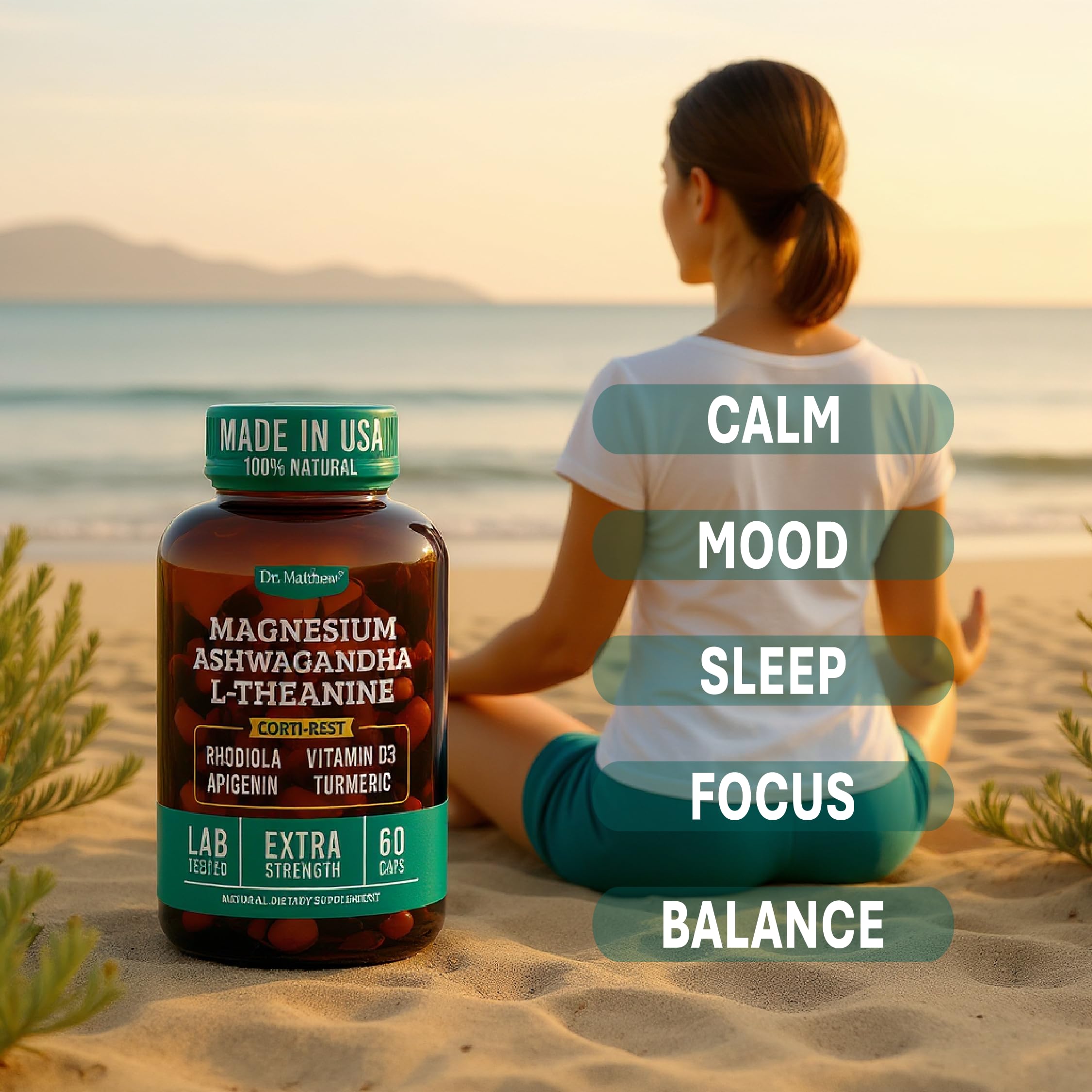 Cortisol Reducer & Adrenal Support Supplement–Natural Stress Relief with Ashwagandha KSM-66, Magnesium Glycinate & Citrate, L-Theanine, Rhodiola, Apigenin, Turmeric & Vitamin D3–Calm Mood & Relaxation Dr. Matthew Au supplements