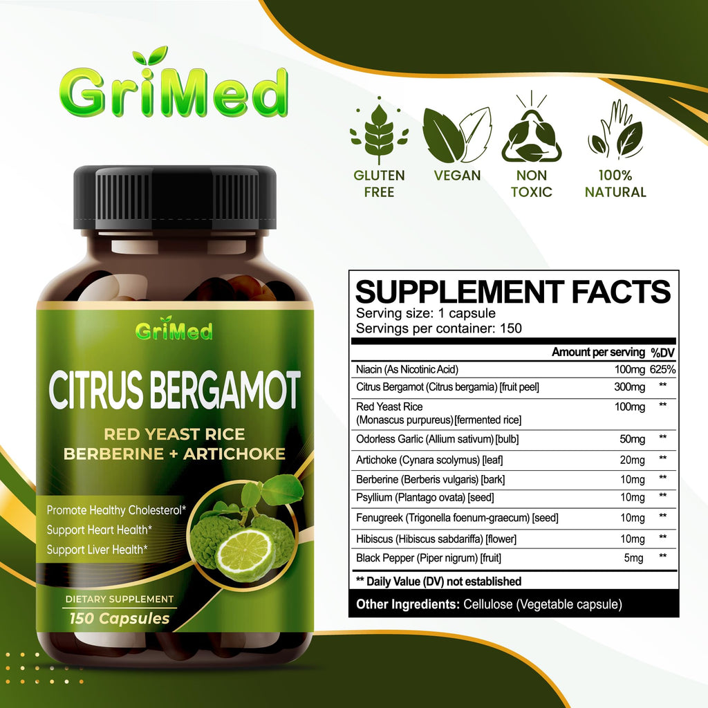 Citrus Bergamot with Red Yeast Rice, Garlic, Artichoke for Healthy Cholesterol, Heart Health (150 Count (Pack of 1))