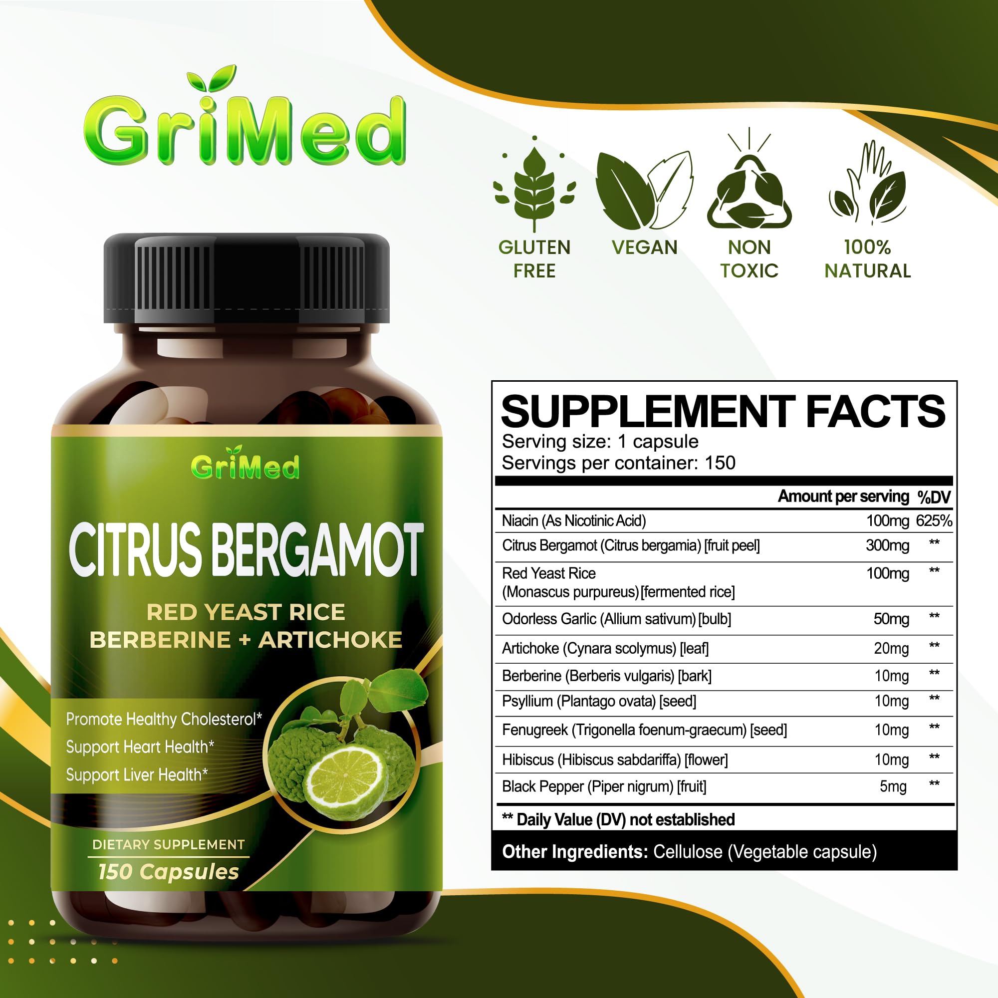 Citrus Bergamot with Red Yeast Rice, Garlic, Artichoke for Healthy Cholesterol, Heart Health (150 Count (Pack of 1))