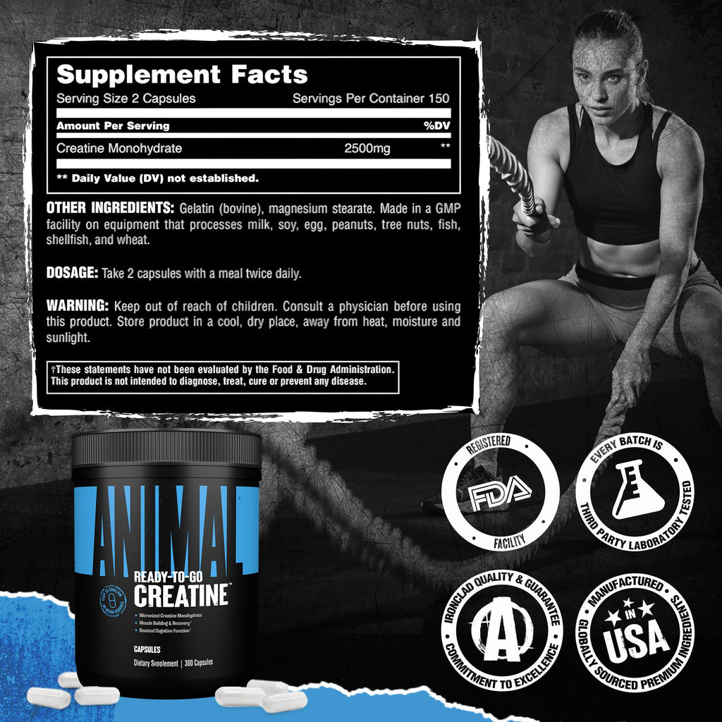 Animal Micronized Creatine Monohydrate Capsules - 300 Caps, 2500mg per Serving to Support Muscle Growth, Endurance, ATP Production, Cognitive Function, Strength