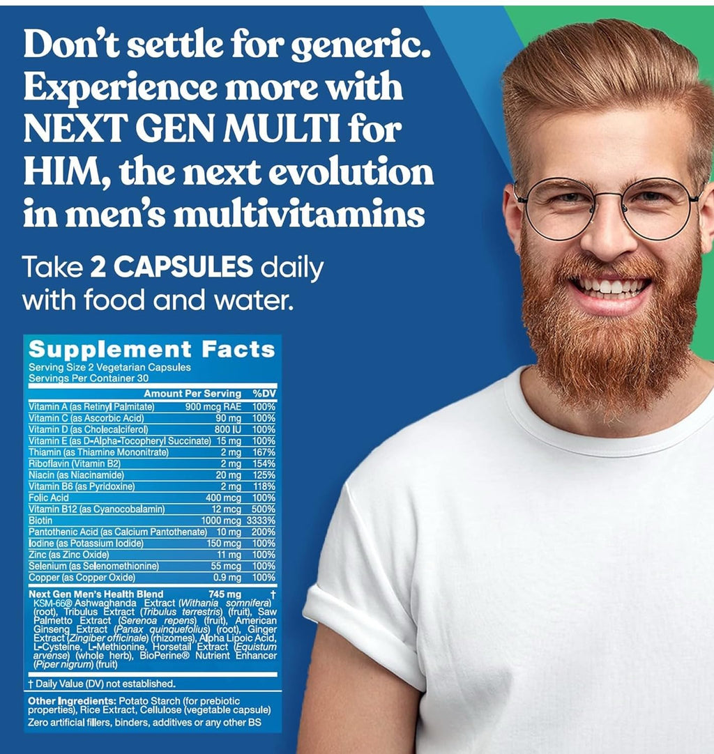 Next Gen Multi for Him Advanced Men’s Multivitamin Supplement - 26-in-1 Multiblend for Beard & Hair Growth, Men’s Reproductive Health, Metabolism, Heart, Skin,