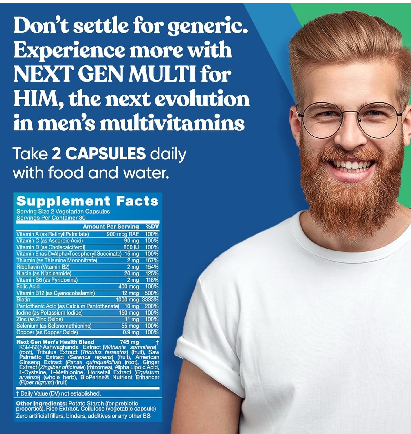 Next Gen Multi for Him Advanced Men’s Multivitamin Supplement - 26-in-1 Multiblend for Beard & Hair Growth, Men’s Reproductive Health, Metabolism, Heart, Skin,