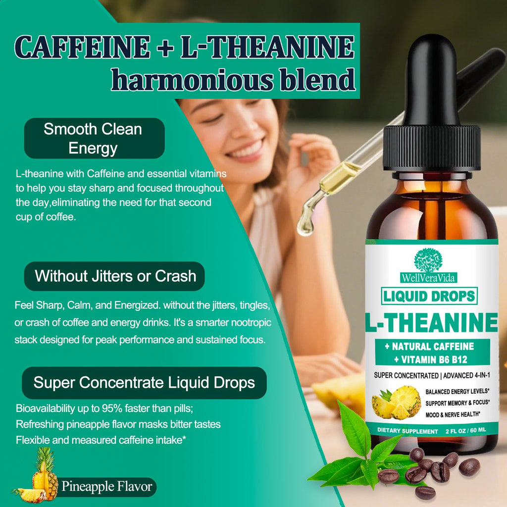 L Theanine Caffeine Liquid Drops, High Potency L-Theanine 100mg w. Caffeine Vitamin B12 B6, Natural Nootropic Brain for Smooth Energy Focus Alertness, 6X Stronger Than Pills Powder Gum WellVeraVida Au supplements
