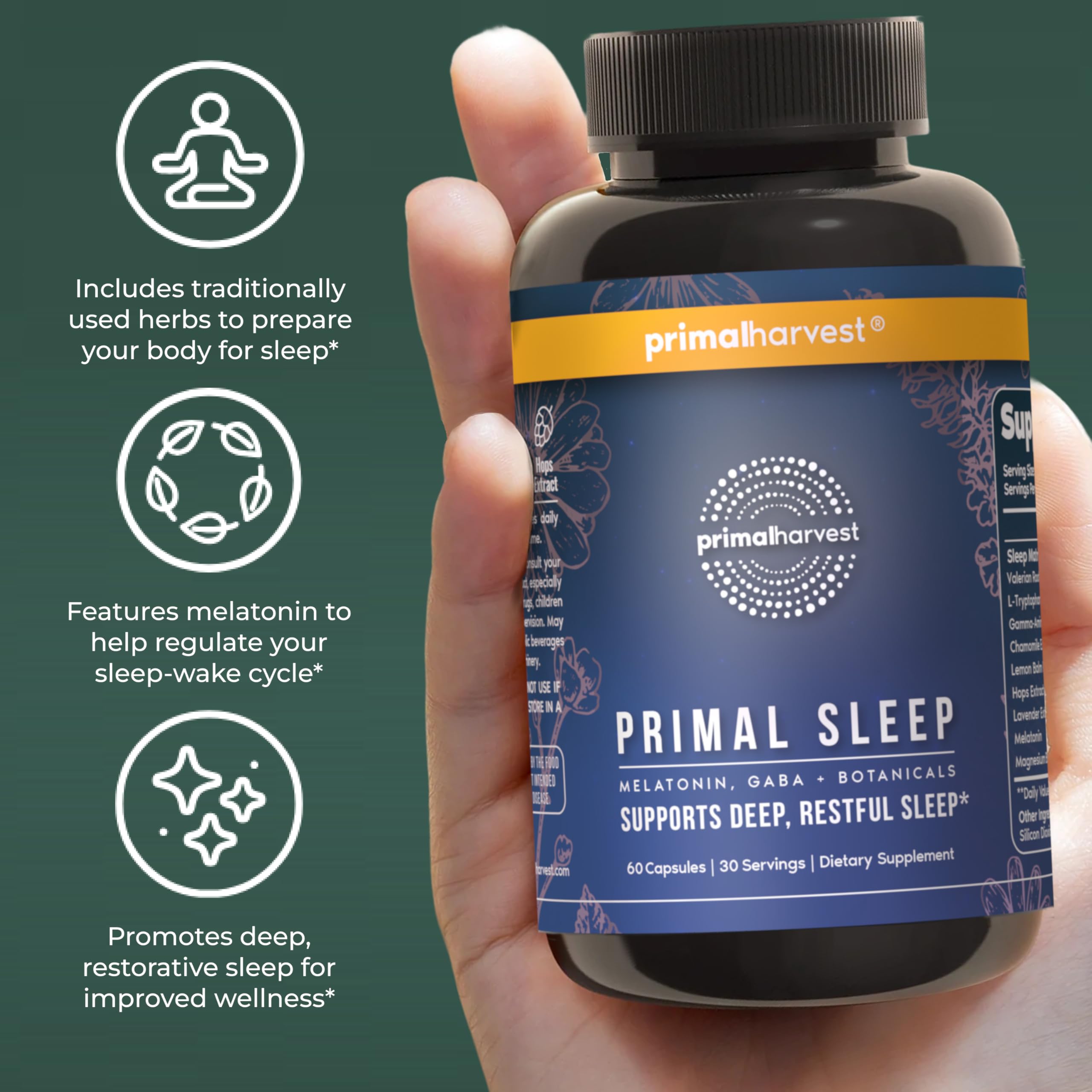Primal Harvest Primal Sleep Support Supplement for Adults with Melatonin, GABA, Valerian Root, L-Tryptophan, Magnesium Bisglycinate Chelate