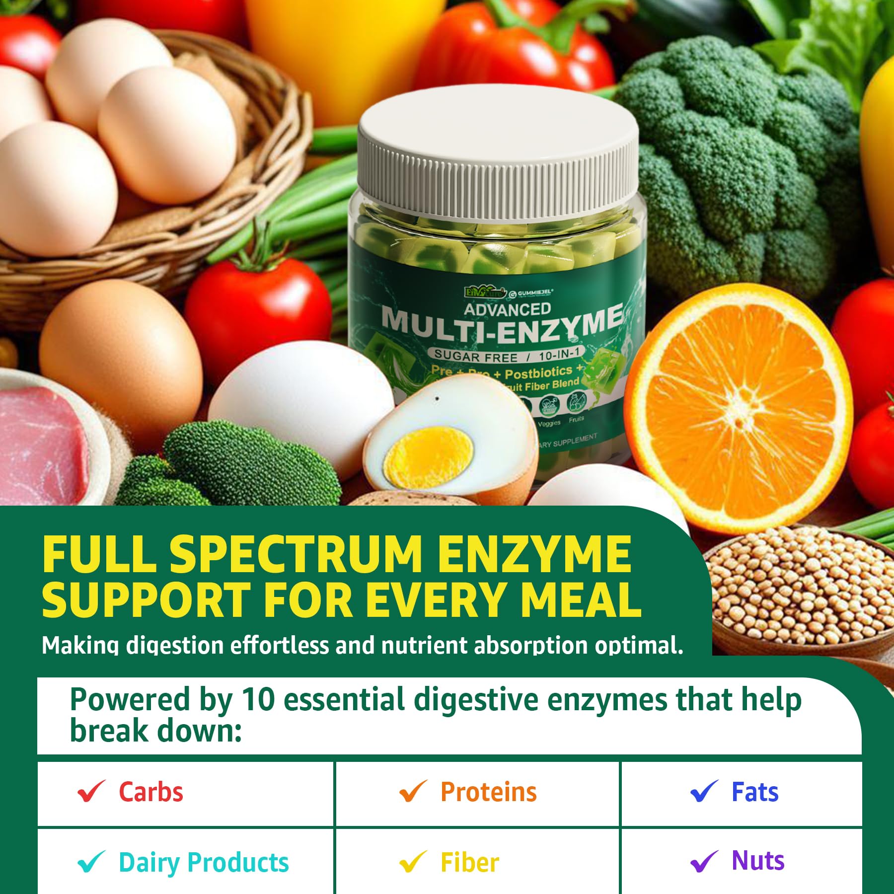 Digestive Enzymes Gummies for Women & Men, Multi-Enzymes with 90Billion CFU Probiotics and Prebiotics & Postbiotic, Vegetable & Fruit Fiber Blend, Super Enzymes for Digestive & Gut Health,Immune,60Cts EnvyCure Au supplements