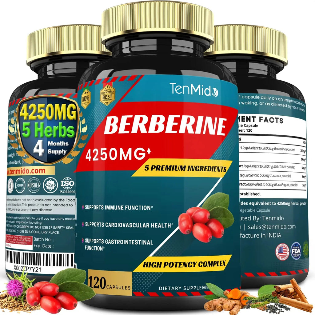 Berberine Extract Capsules 4250mg, 4 Months Supply & Ceylon, Milk Thistle, Turmeric Tenmido Au supplements