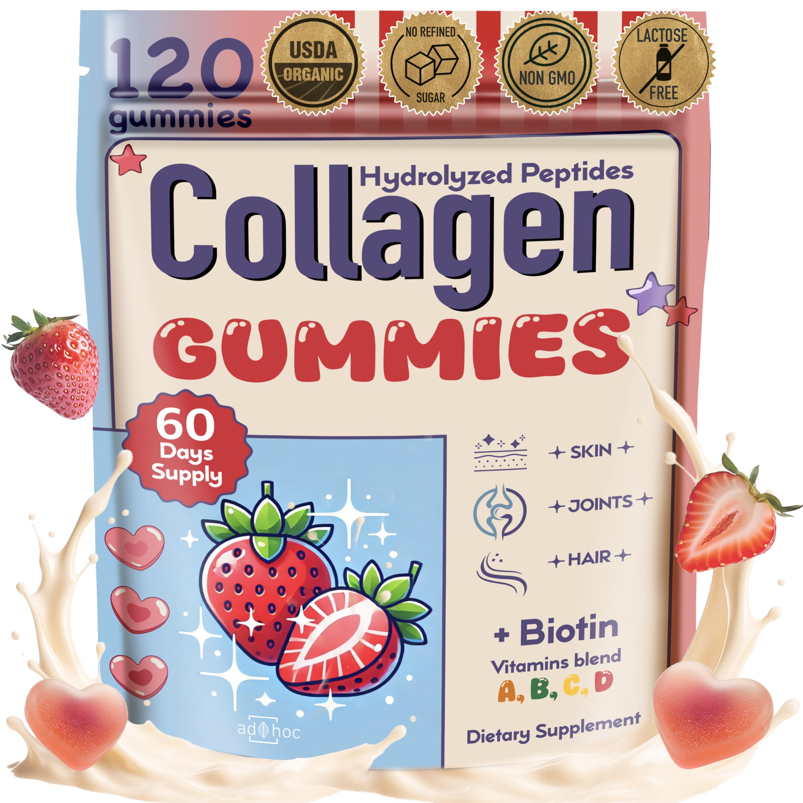 Collagen Peptides Gummies for Women – Biotin, Zinc, Vitamin D3 – 120 Count – Hydrolyzed Collagen Gummy Complex – Hair, Skin & Nails Support – Sugar-Free, Halal, Lactose-Free, Strawberry Cream Flavor ad hoc Au supplements