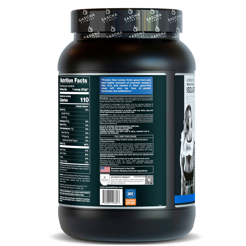SASCHA FITNESS Hydrolyzed Whey Protein Isolate,100% Grass-Fed (2 Pounds, Vanilla)