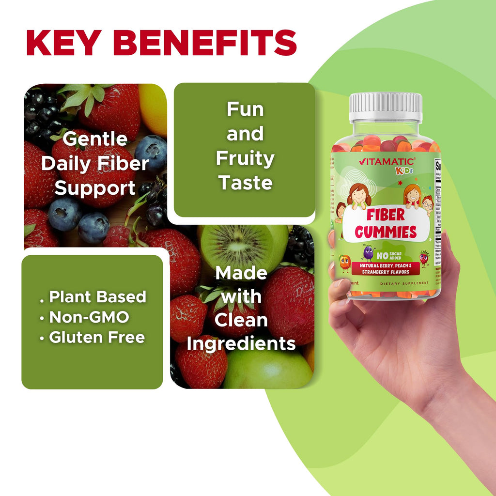 Vitamatic Kids Prebiotic Fiber Gummies – Extra Strength 4g Fiber – Zero Sugar Added – 60 Pectin-Based Gummies – Digestive Health & Regularity Support
