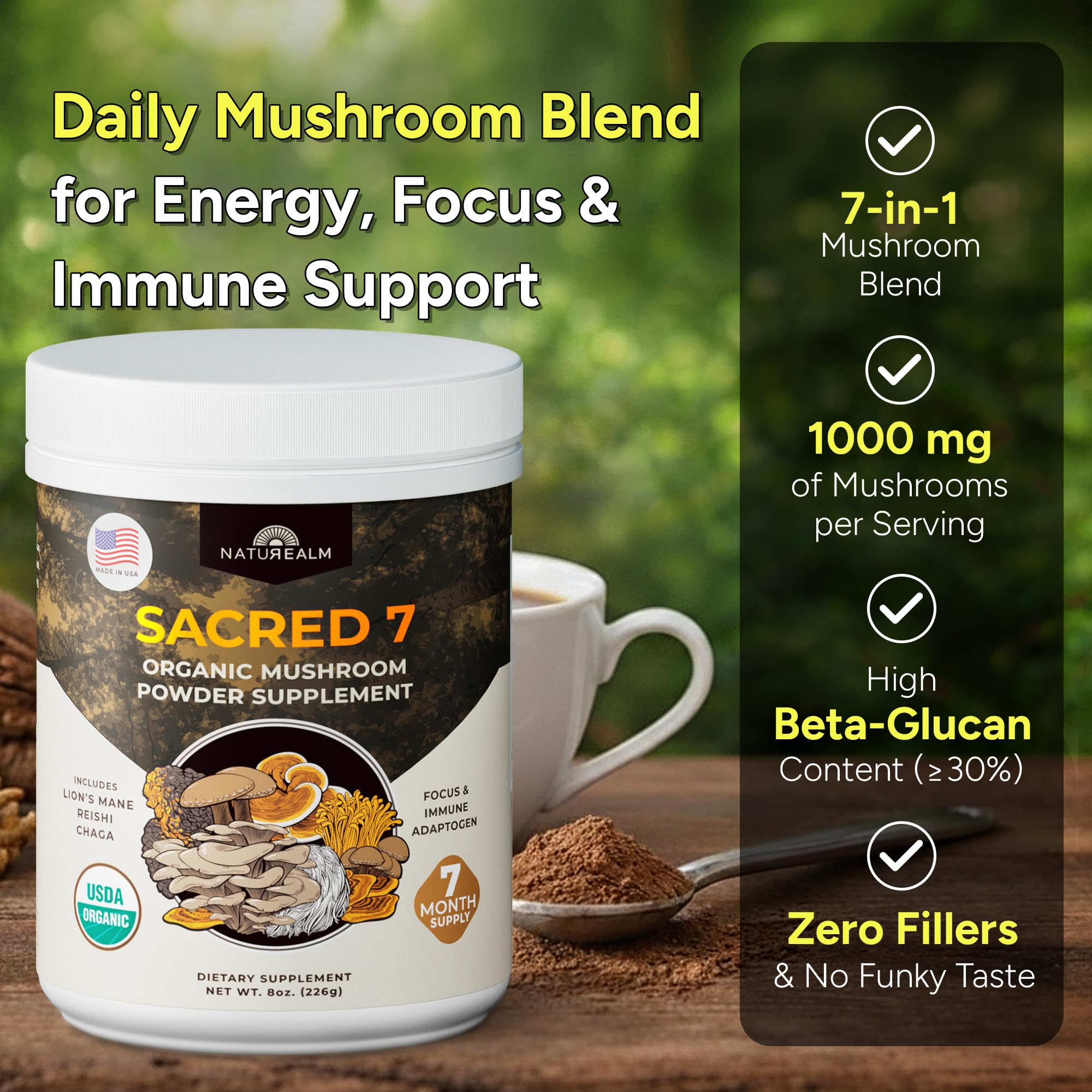 Naturealm Sacred 7 Organic Mushroom Powder Supplement | 7-Month Supply | 7-in-1 Blend with Lions Mane, Reishi, Chaga | Brain & Immune Support
