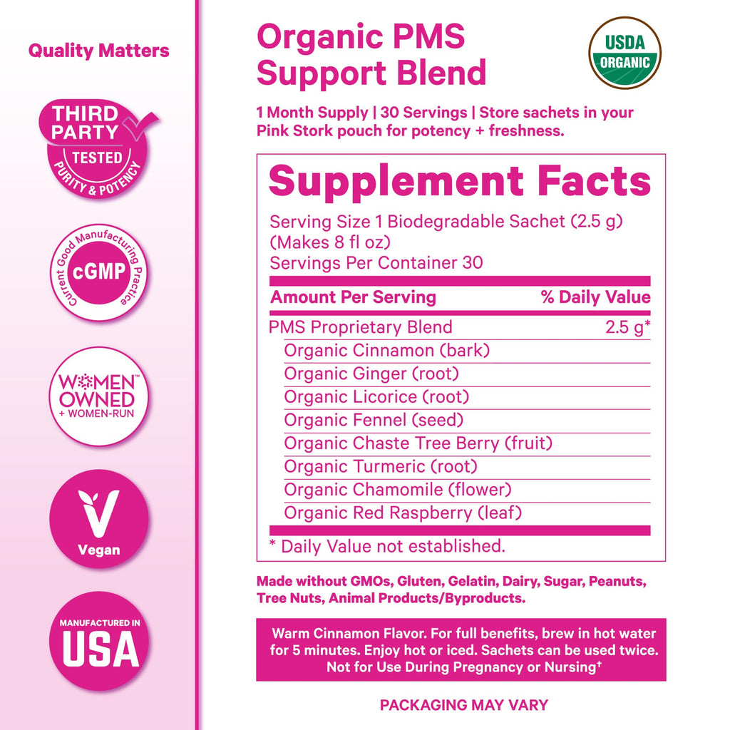 Pink Stork Organic PMS Tea for Hormone Balance, Mood Swings, Bloating, and Period Regularity - 8 Herbs - Vitex, Red Raspberry Leaf, Chamomile - Caffeine-Free - 15 Sachets, Hot or Iced Pink Stork Au supplements