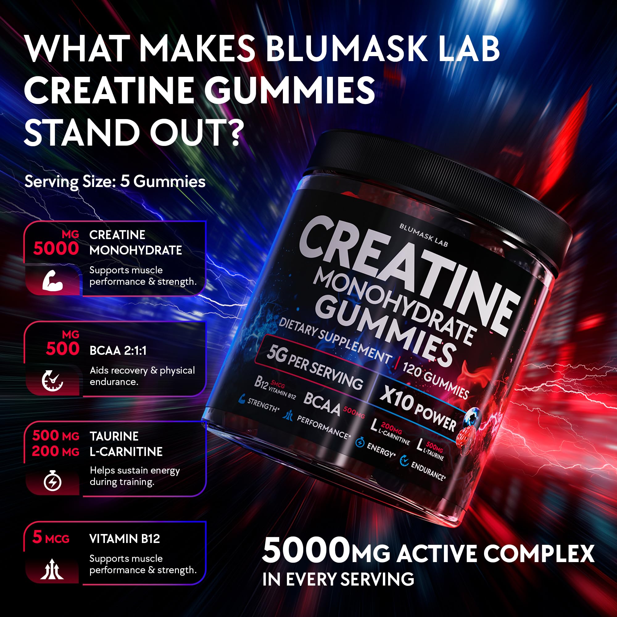 Creatine Monohydrate Gummies Complex 5000 MG for Men & Women, Preworkout Gummy with BCAA, L-Carnitine, Taurine & Vitamin B12 for Muscle Growth,
