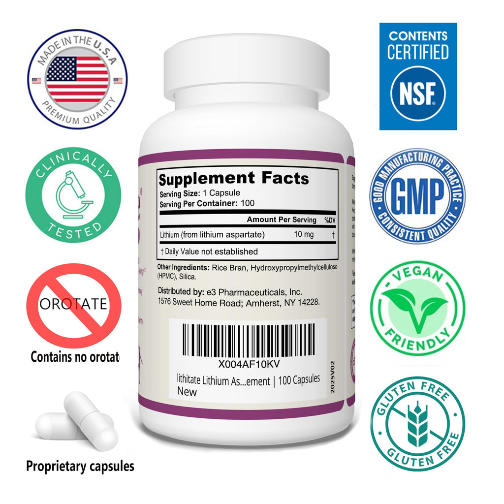 lithitate Lithium Aspartate 10mg | Supports Cognitive Function & Brain Health with Aging | NSF Certified | Promotes Mental Clarity, Healthy Mood & Longevity