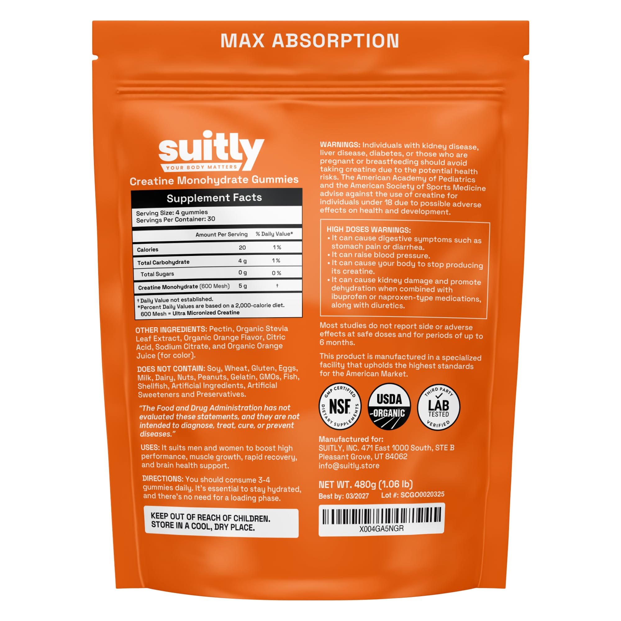 USDA Organic Ultra-Micronized Creatine Gummies for Men & Women; Orange Max Absorption 5g Creatine Gummies Sugar Free for Muscle Gain, Energy & Recovery; Muscle Builder for Women with Pouch - 120 Count Suitly Au supplements