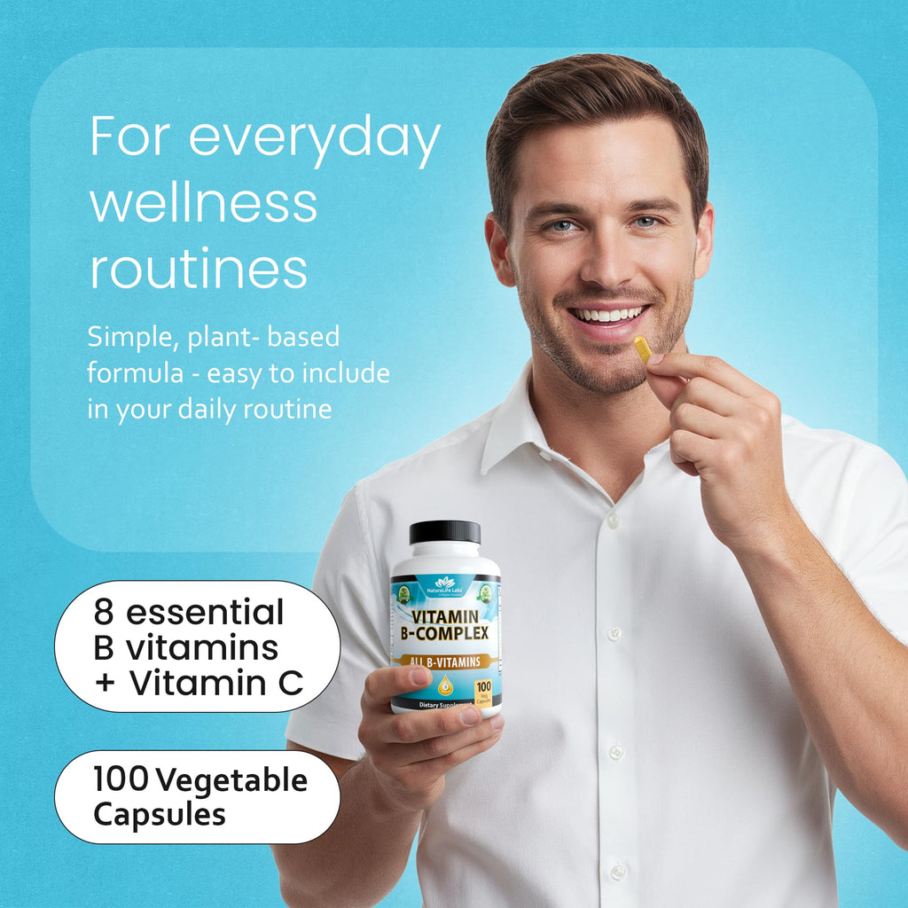 NaturaLife Labs Vitamin B Complex – All B Vitamins Including Active B2, B6, B9 & B12 (Methylcobalamin), Plus B1, B3, B5, B7 & Vitamin C – 100 Capsules
