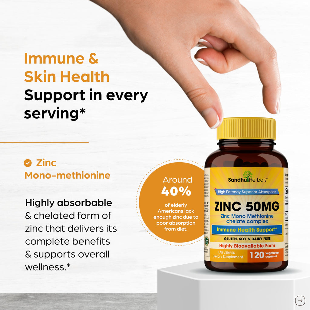 Zinc 50mg Capsules for Men and Women, 120 Count | Highly Absorbable Zinc Supplements for Immune System Support | Zink 50 mg Mono Methionine Chelated Complex