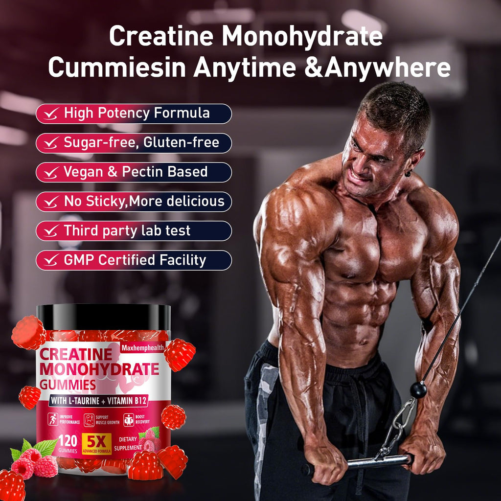 Creatine Gummies for Men & Women, Creatine Monohydrate Gummies 5g, Build Muscle, Strength, Recovery, Cognitive Health & Memory, Pre Workout Supplement, 120 Count Raspberry Chewable Gummy Maxhemphealth Au supplements