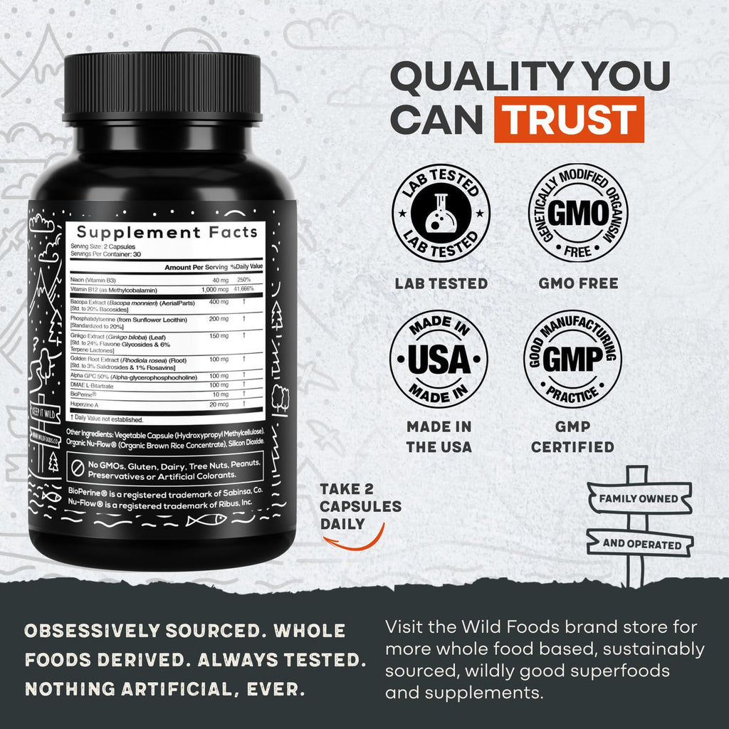 Wild Focus Brain Supplements | Caffeine-Free, Plant-Based Botanicals | Lions Mane, Ginkgo Biloba, Bacopa Monnieri, Lemon Balm | 100% Natural Nootropic | 60 caps Wild Foods Au supplements