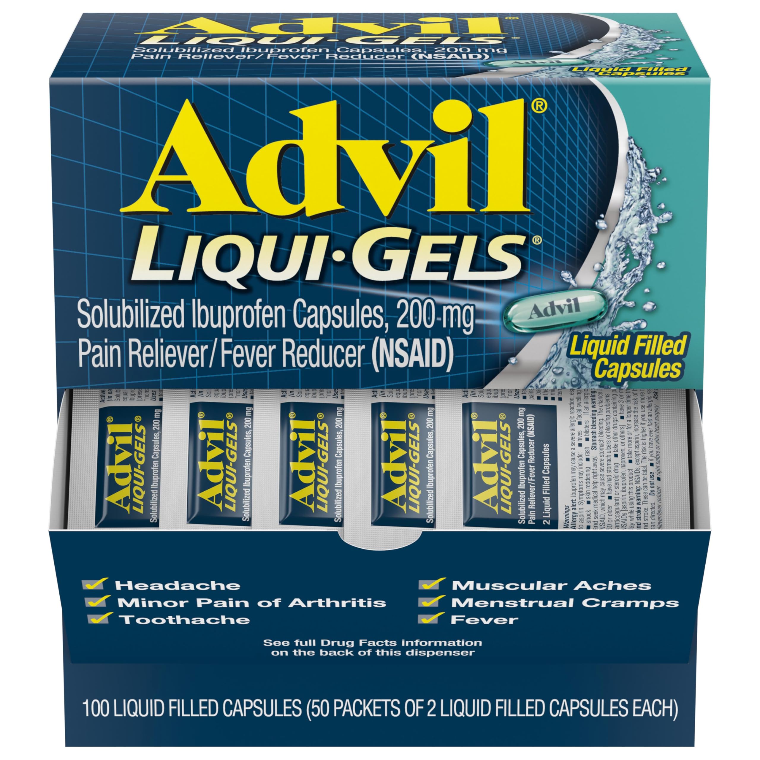 Advil Liqui-Gels Pain Reliever and Fever Reducer, Pain Medicine for Adults with Ibuprofen 200mg for Headache, Backache, Menstrual Pain and Joint Pain Relief - 50x2 Liquid Filled Capsules Advil Au supplements