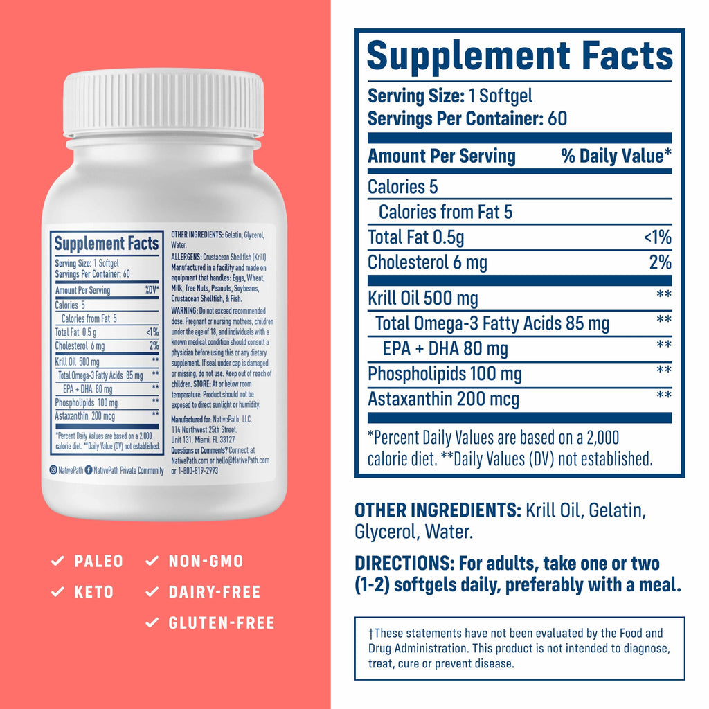 NativePath Antarctic Krill Oil - Wild-Caught Omega 3 Krill Oil 500mg Softgels with EPA, DHA and Astaxanthin - Supplement for Joint, Hear