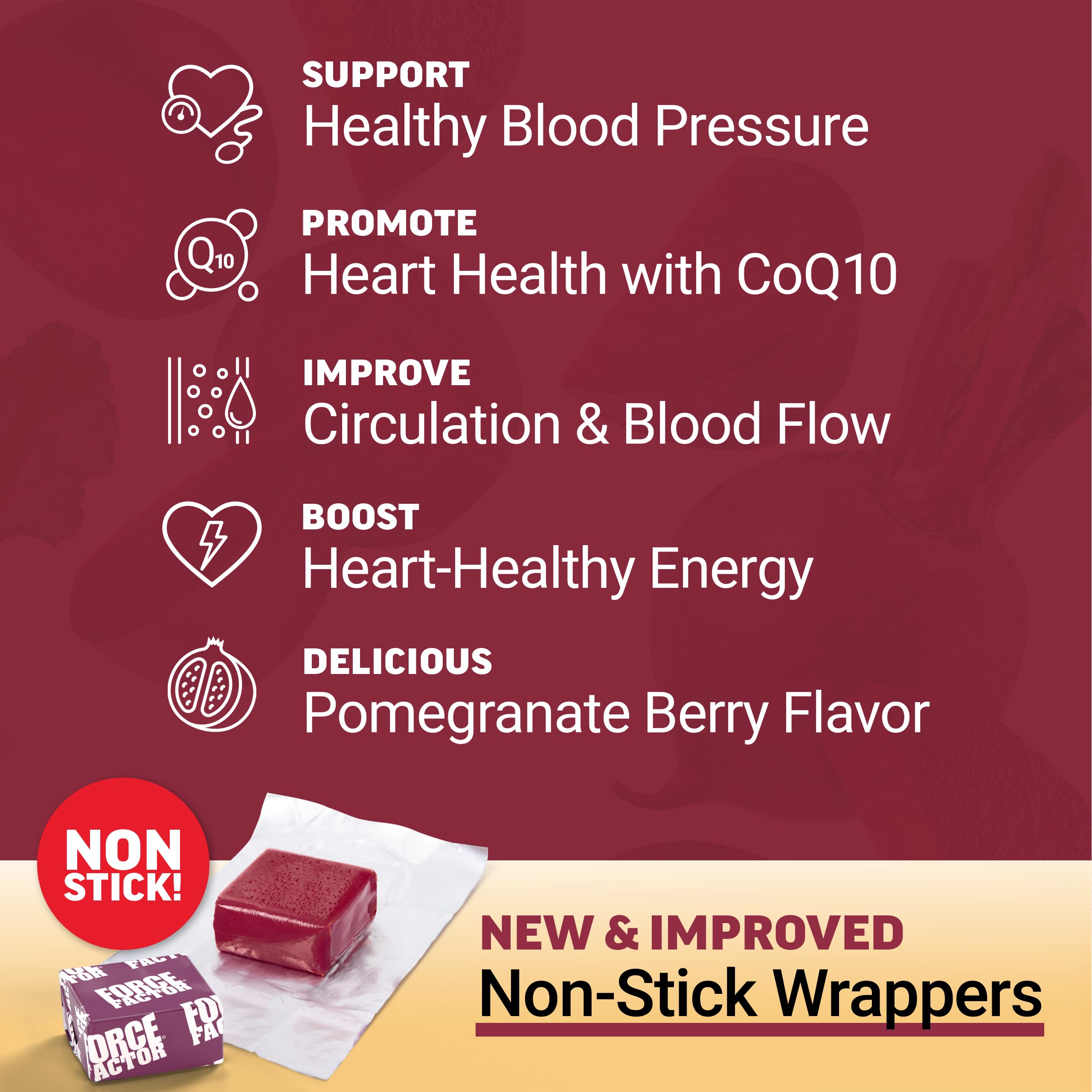 Force Factor Total Beets Ultimate Heart Health Chews for Blood Pressure Support, with Beetroot Powder, CoQ10, B Vitamins & Grapeseed Extract for Blood Flow & Energy