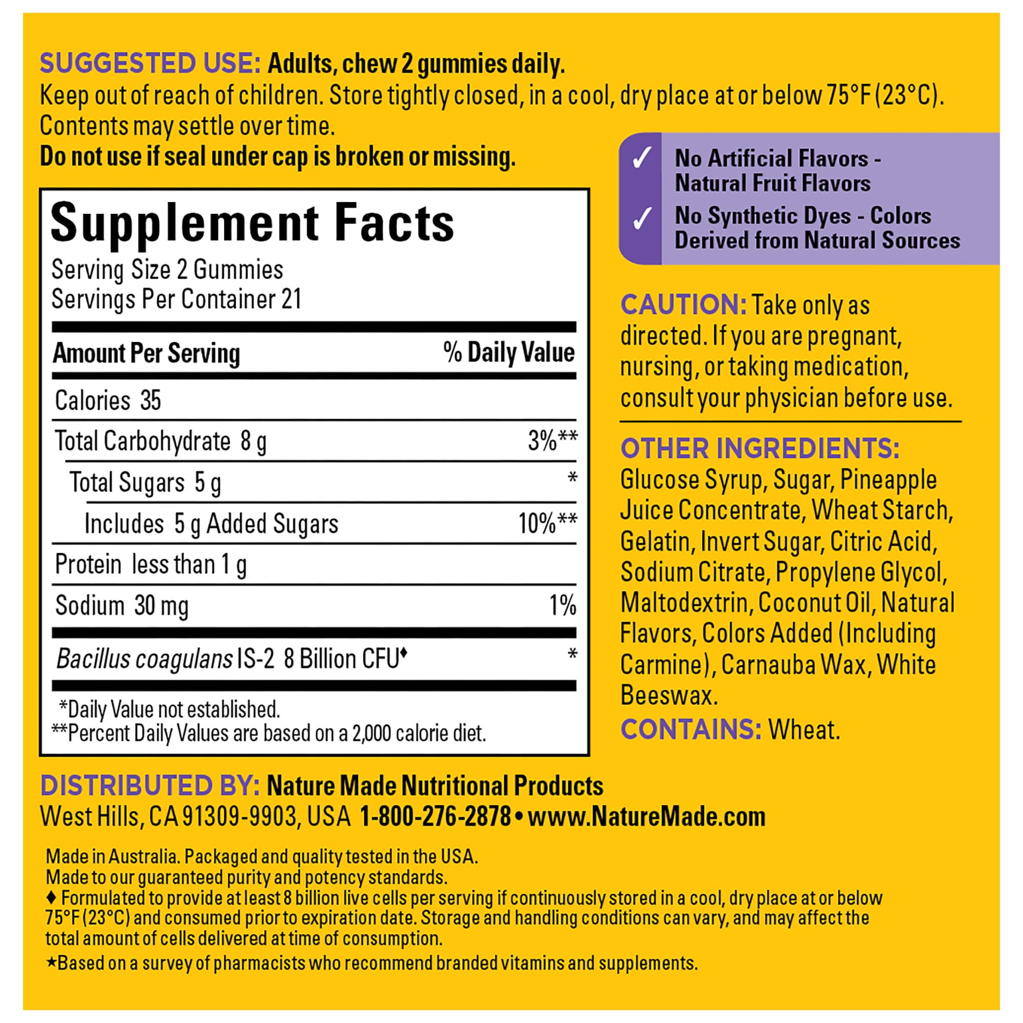 Nature Made Probiotics Extra Strength Dosage, Probiotics for Women and Men 8 Billion CFU per 2 Gummies, 42 Probiotic Gummies, 21 Day Supply Nature Made Au supplements