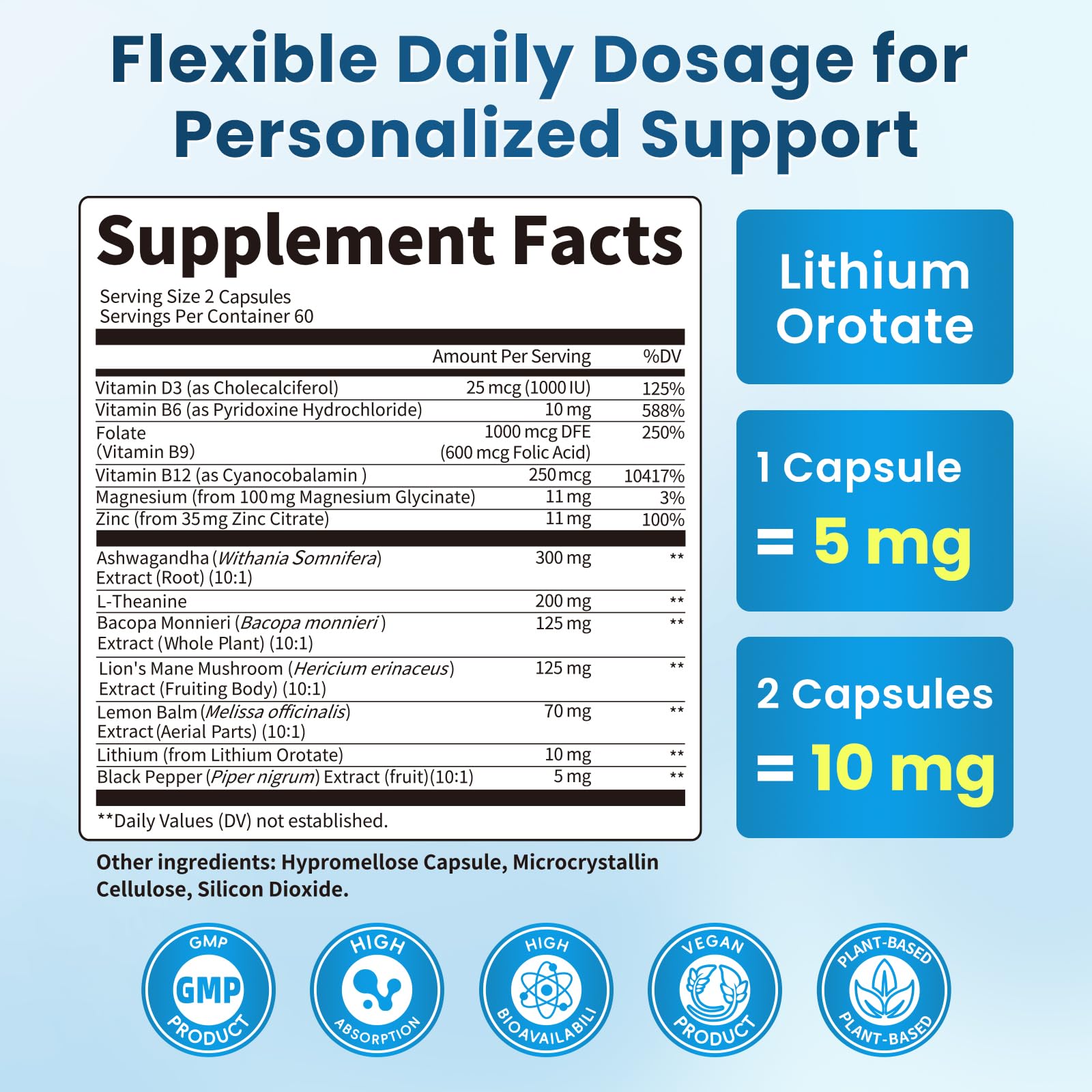 Lithium Orotate 5/10mg, L-Theanine 200mg, Ashwagandha 300mg - Mood Focus Memory Brain Supplements with Bacopa Monnieri, Lion’s Mane, Magnesium, Zinc D3 B6 Folate B12