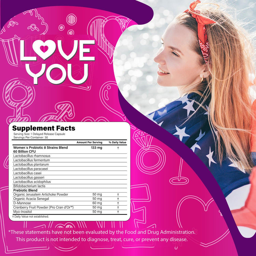 Love You Womens Probiotic, Ph Balance, Ut, Feminine, Vaginal Health Supplement, Digestive, Pre + Pro + Postbiotic, Delayed Release, 60 Billion Live CFU, 8-Strain Probiotic Blend, 30 Veg Caps Servings Love You Au supplements