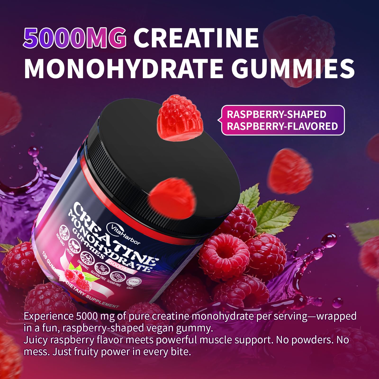 Creatine Monohydrate Gummies 5000mg for Men & Women, Organic Pure Creatine Gummies | Sugar Free,Vegan, Non-GMO,Raspberry Flavor, 120 Count
