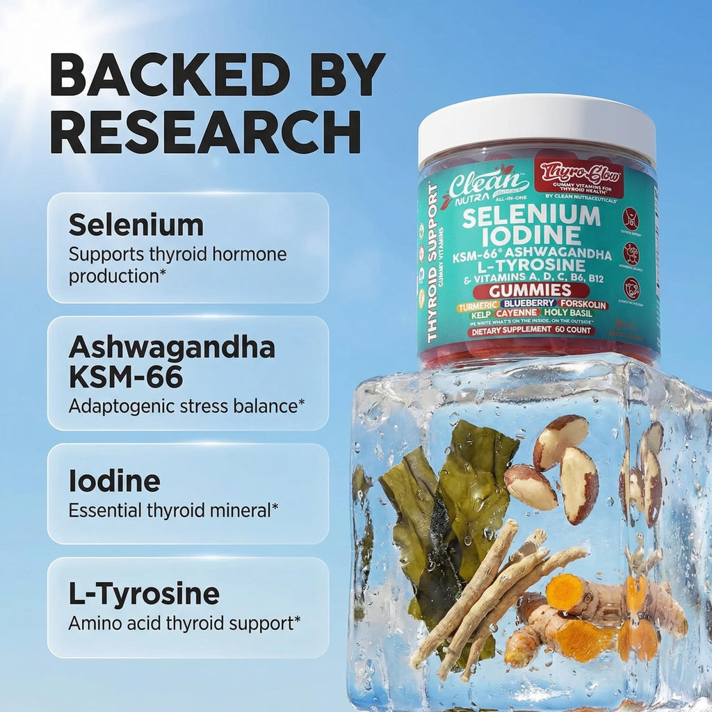 ThyroGlow Thyroid Support Gummies Selenium Iodine KSM 66 Ashwagandha L Tyrosine Vitamin D, C, B12, B6 Turmeric Blueberry Holy