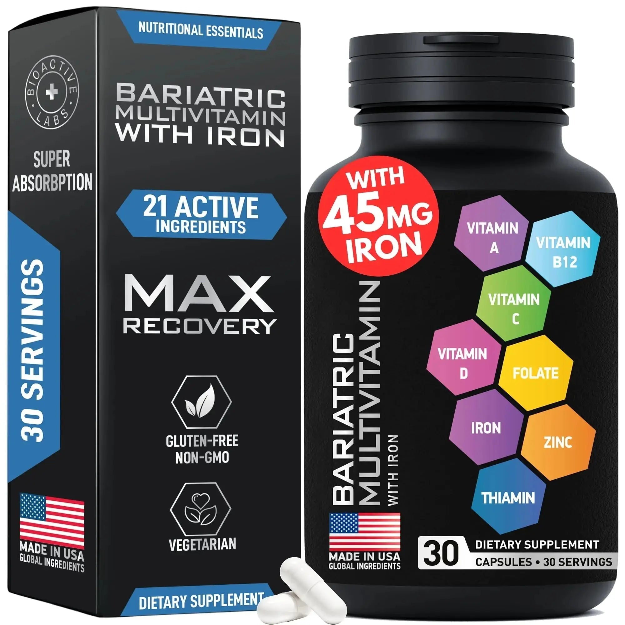 Bariatric Multivitamin with Iron 45mg for Women & Men - 21-in-1 Essential Post Gastric Bypass and Gastric Sleeve Vitamins A,C,D,E, B Complex BIOACTIVE LABS Au supplements