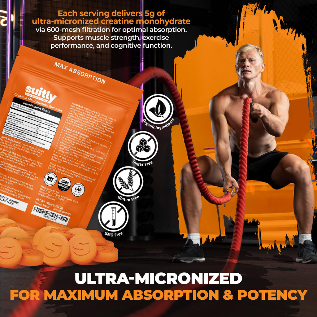 USDA Organic Ultra-Micronized Creatine Gummies for Men & Women; Orange Max Absorption 5g Creatine Gummies Sugar Free for Muscle Gain, Energy & Recovery; Muscle Builder for Women with Pouch - 120 Count Suitly Au supplements