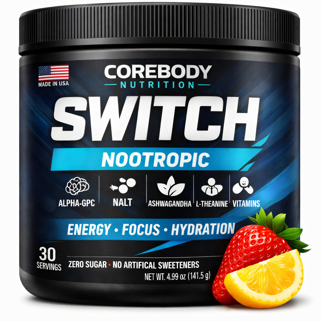 Switch, Brain Boosting Nootropic Energy Supplement Powder - Made in USA - Alpha GPC, NALT, Ashwagandha, Sugar Free Energy, Keto, Increase Mental Focus & Cognitive Function, Enhances Mood & Memory CoreBody Nutrition Au supplements