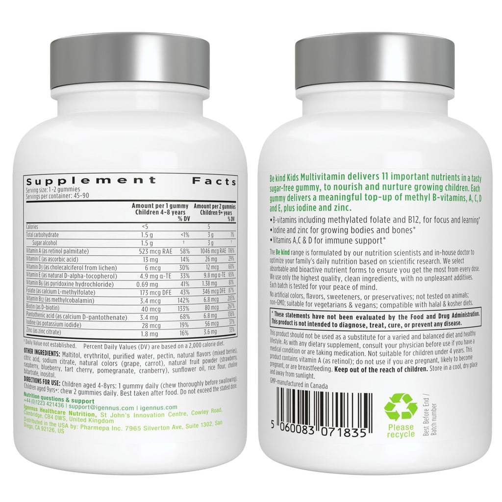 Igennus Methylated Kids Multivitamin Gummies, Clean Label & Third Party Tested, No Artificial Sweeteners or Flavors, Sugar Free, Age 4+, 90 Natural Berry Flavor