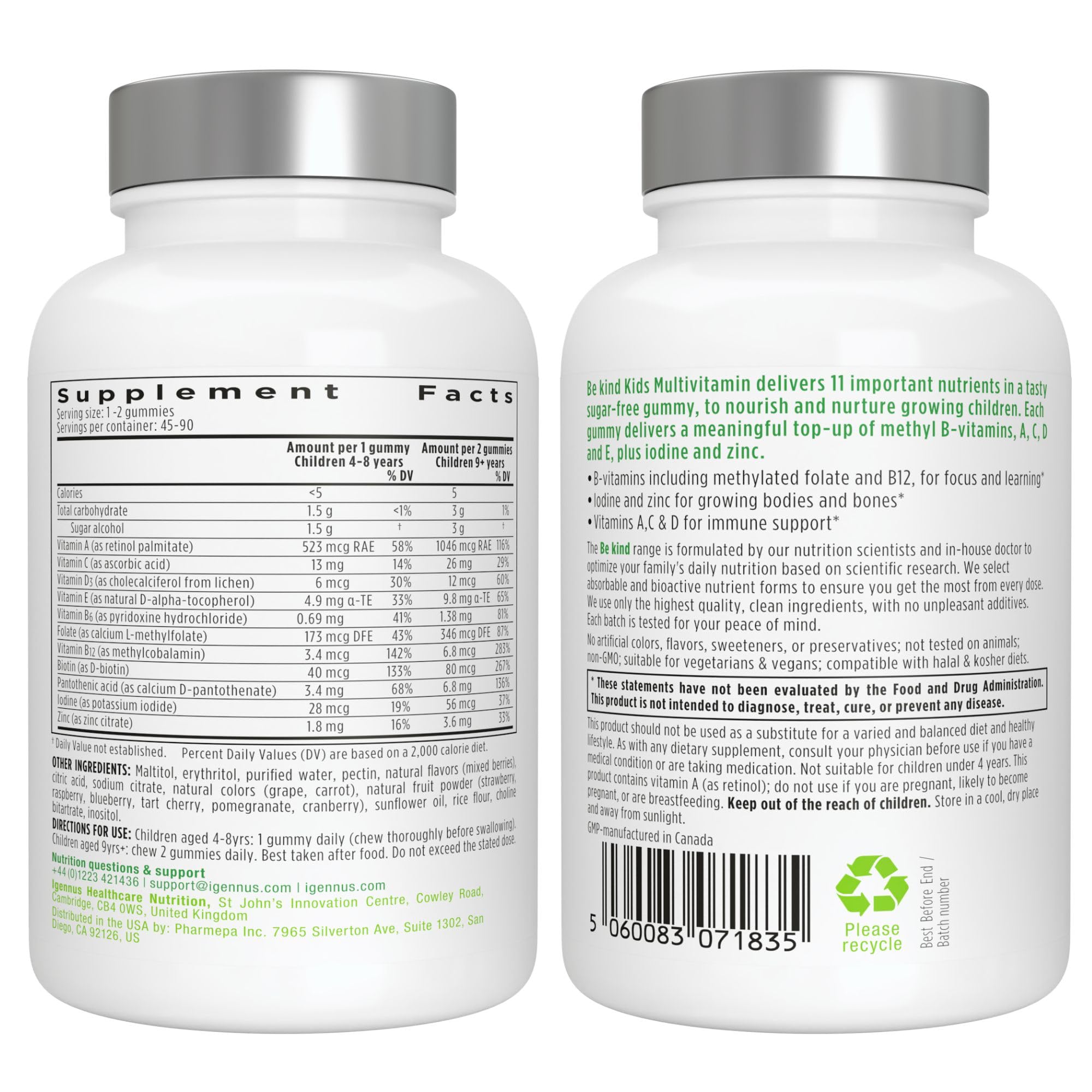 Igennus Methylated Kids Multivitamin Gummies, Clean Label & Third Party Tested, No Artificial Sweeteners or Flavors, Sugar Free, Age 4+, 90 Natural Berry Flavor