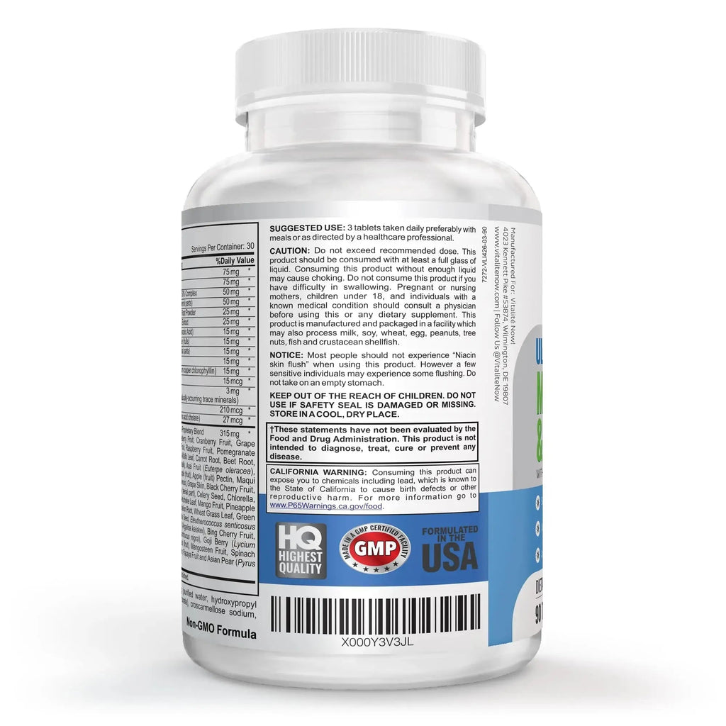 Vegan Whole Food Multivitamin & Mineral - Vitamins A B1 B2 B6 B12 C D3 E & 110 Super Foods, Herbs, Greens & Reds Vitalité Now! Au supplements