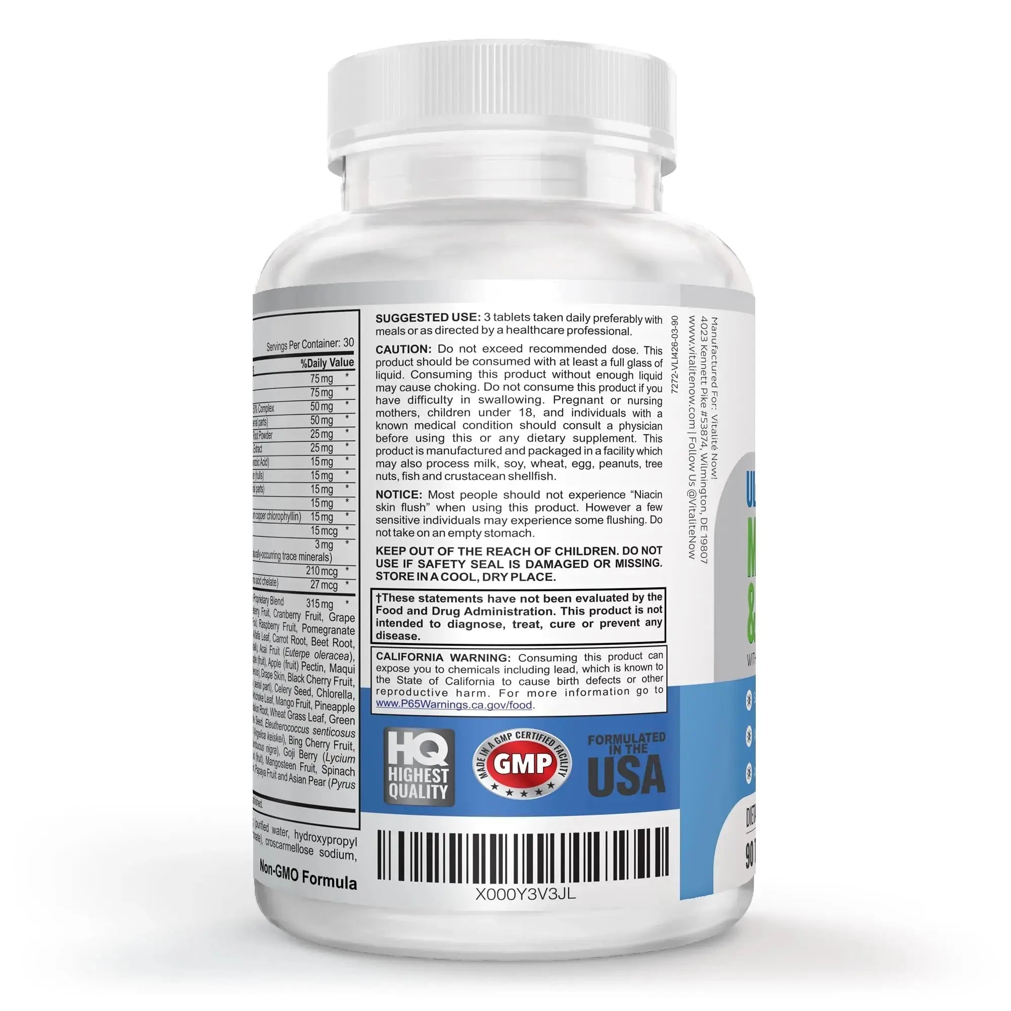 Vegan Whole Food Multivitamin & Mineral - Vitamins A B1 B2 B6 B12 C D3 E & 110 Super Foods, Herbs, Greens & Reds Vitalité Now! Au supplements