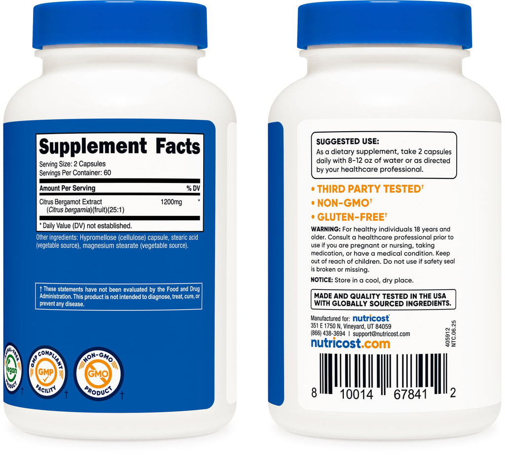 Nutricost Citrus Bergamot Capsules 1,200mg, 120 Capsules - 25:1 Bergamot Extract - 60 Servings, Gluten Free, Vegan & Non-GMO