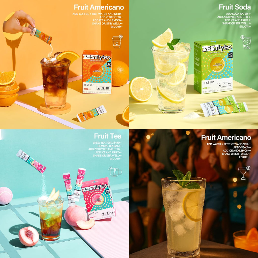 ZestLytes 40 Sticks Low Sodium Sugar Free & 0 Calorie Electrolyte Hydration Packets, Lightly Sweet Electrolyte Powder Drink Mix, Liquid Daily IV Flavors | Lemon Orange Peach Grapefruit