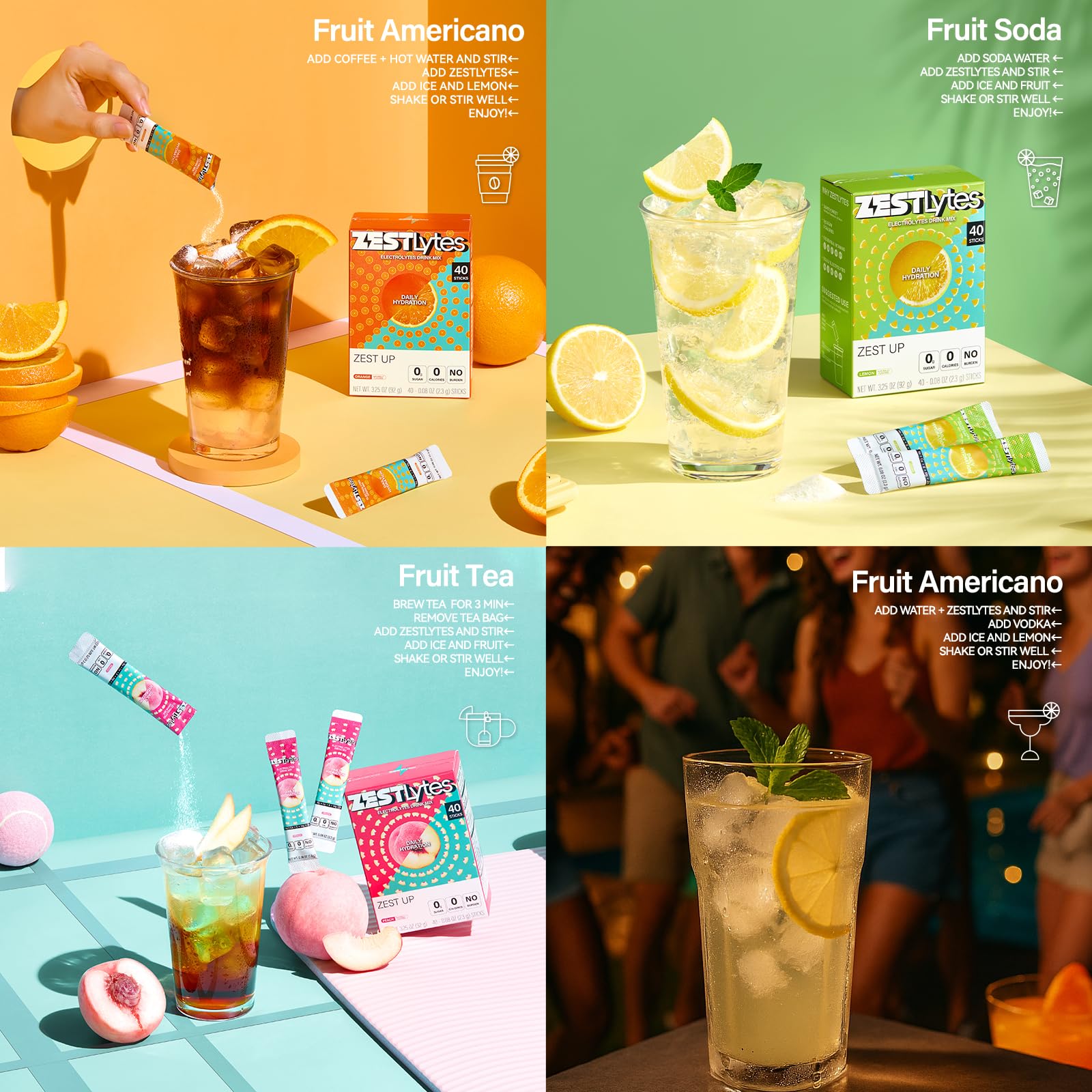 ZestLytes 40 Sticks Low Sodium Sugar Free & 0 Calorie Electrolyte Hydration Packets, Lightly Sweet Electrolyte Powder Drink Mix, Liquid Daily IV Flavors | Lemon Orange Peach Grapefruit