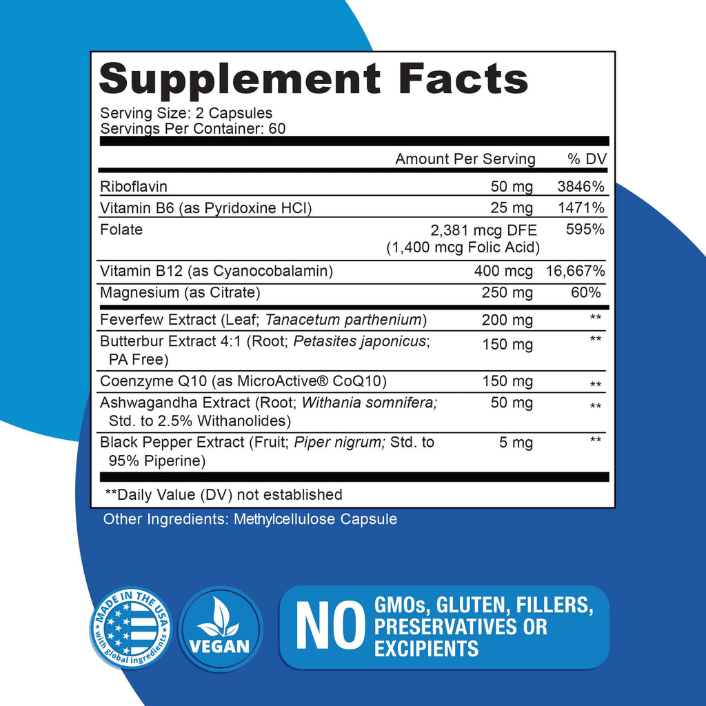 Migratone Migraine Relief Nutritional Support Supplement - with Magnesium, Riboflavin Vitamin B2, B6 & B12, Microactive Coq10, Feverfew, PA-Free Butterbur, and Folate - Clinically Preferred Blend Naticura Au supplements