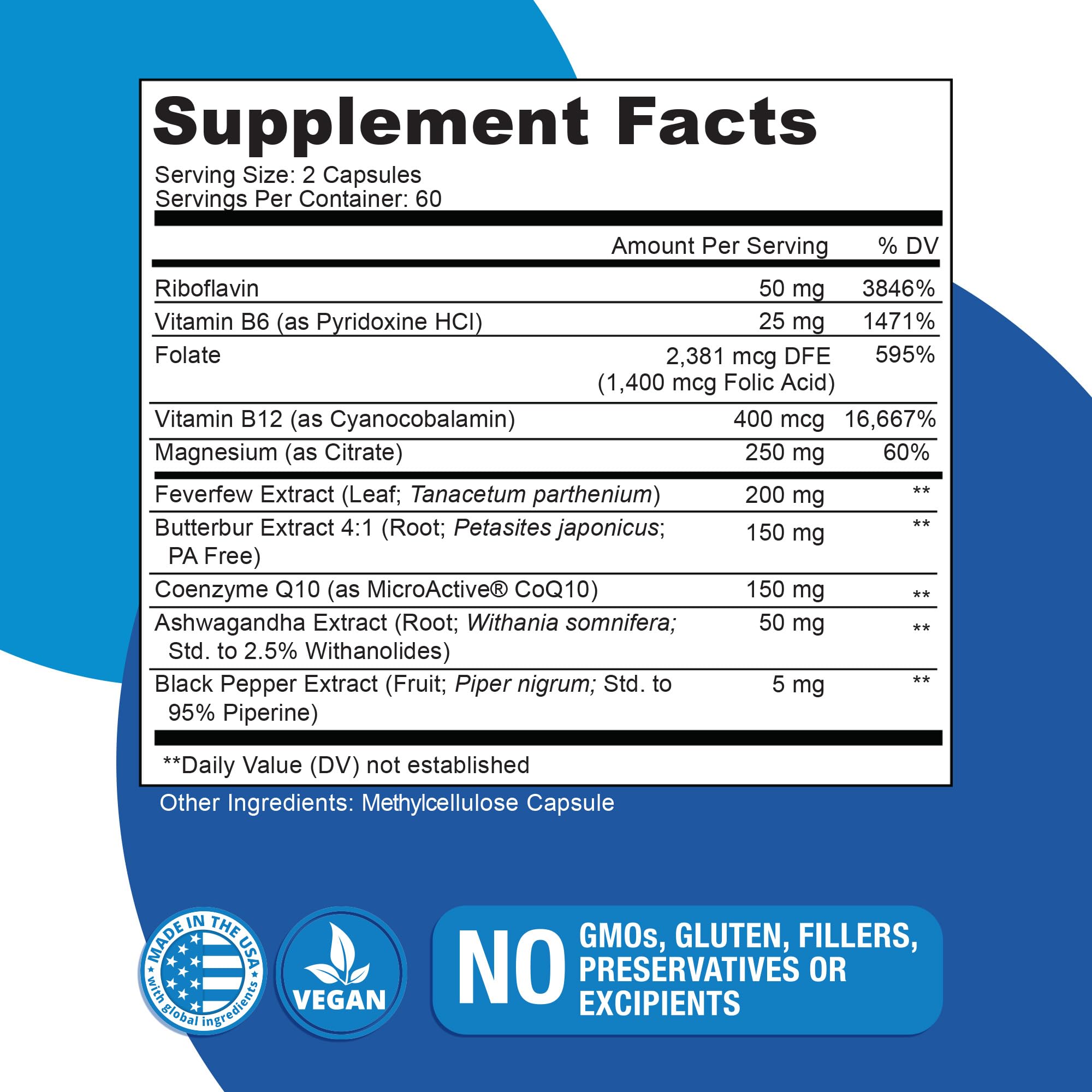Migratone Migraine Relief Nutritional Support Supplement - with Magnesium, Riboflavin Vitamin B2, B6 & B12, Microactive Coq10, Feverfew, PA-Free Butterbur, and Folate - Clinically Preferred Blend Naticura Au supplements