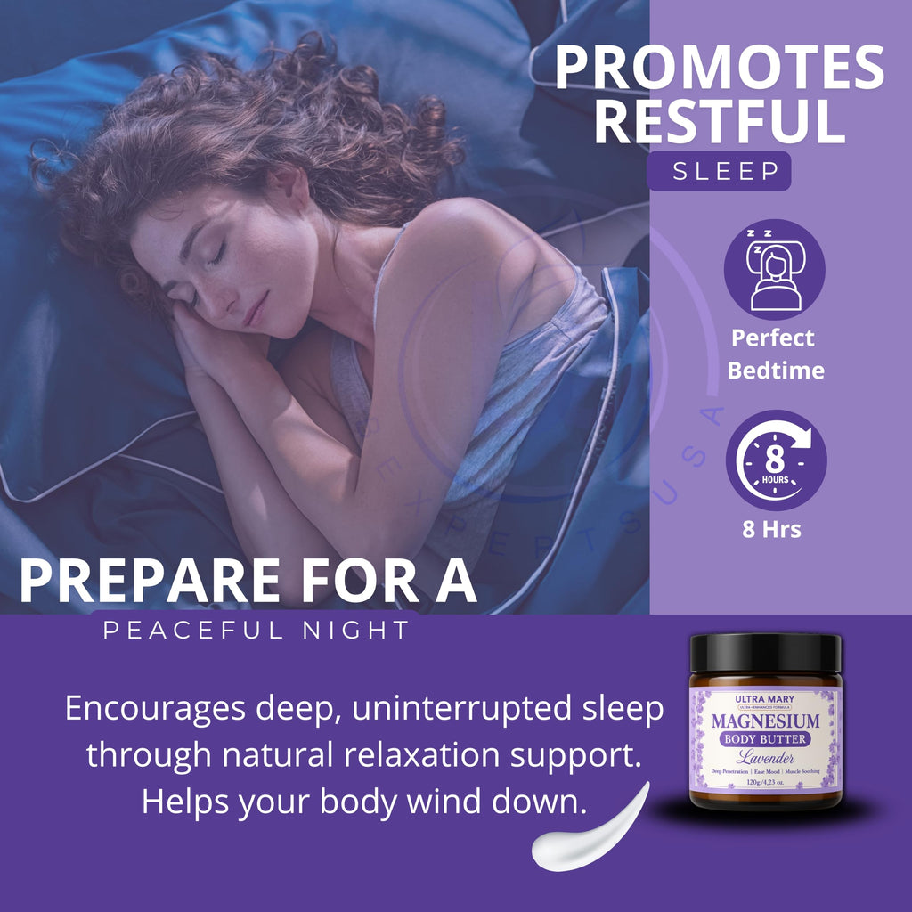 Nighttime Magnesium Cream for Pain, Nerve & Leg Cramps - Magnesium Body Butter for Sleep with Shea Butter, Jojoba Oil, Coconut Extract & Dandelion - Lavender Magnesium Lotion for Kids - 4.23oz ULTRA MARY Au supplements