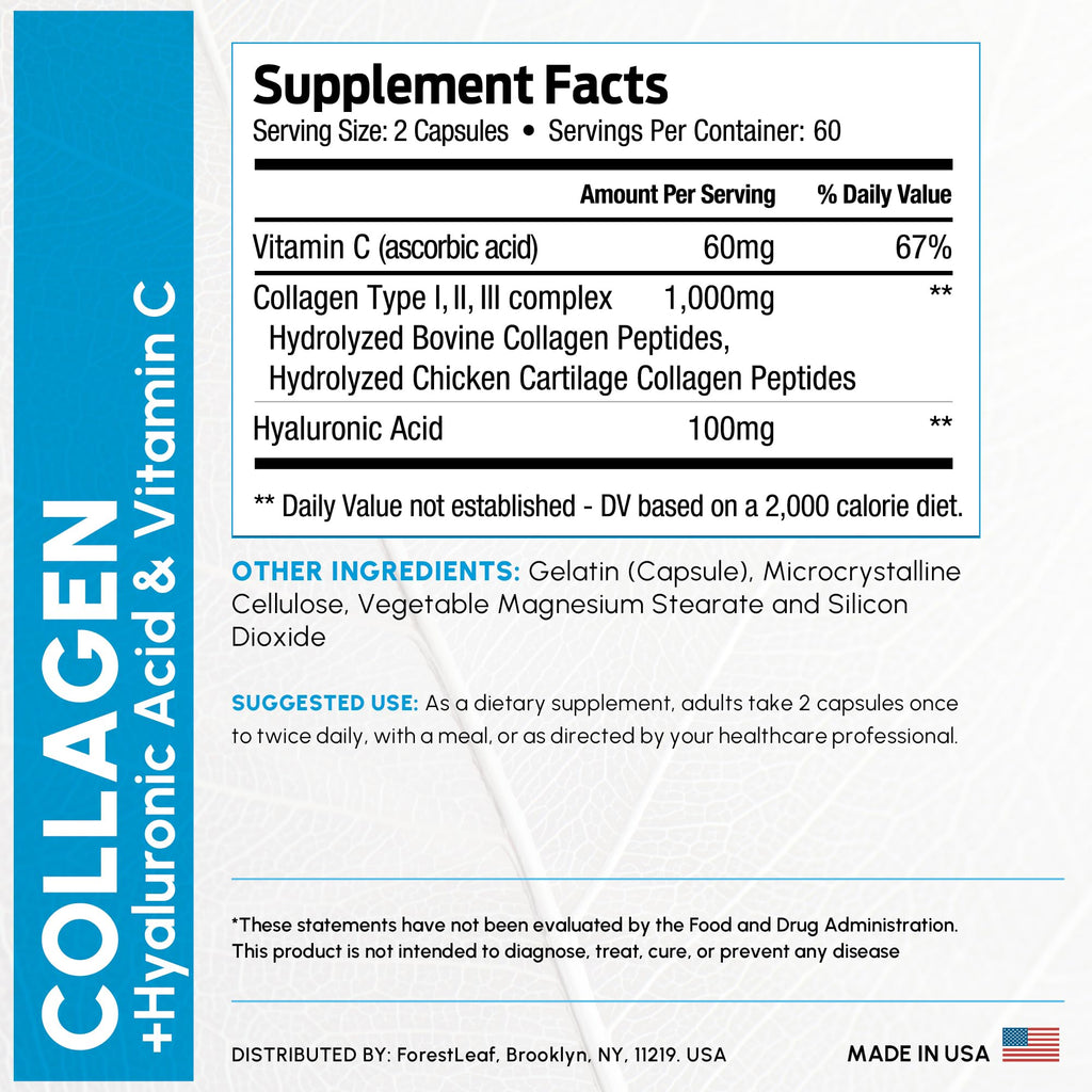 ForestLeaf Multi Collagen Pills with Hyaluronic Acid + Vitamin C | Hydrolyzed Collagen Supplements for Women or Men | Multi Collagen Capsules Peptides for Skin, Wrinkles, 120 Caps ForestLeaf Au supplements